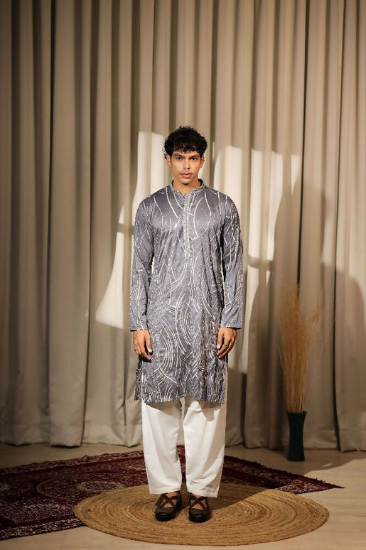 Bluish Grey Viscose Designer Embroidery Work Kurta Set - Mahotsav