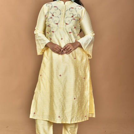 Morchari Women And Hand Embroidery Co-Ord Set-Lemon- Yellow