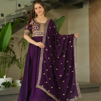 Aastha Fashion Purple Vichitra Silk Sequins-Multi & Zari Embroidered Work Party Wear Designer Gown