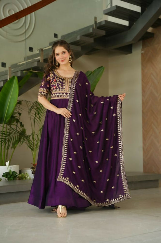 Aastha Fashion Purple Vichitra Silk Sequins-Multi & Zari Embroidered Work Party Wear Designer Gown