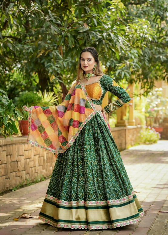 Aastha Fashion Green Gaji Soft Silk Discharge Print + Embroidery Zari / Thread / Sequence Work Lace Semi Stitched Wedding Wear Lehenga Choli