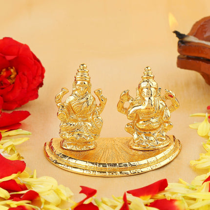 Estele Gold-Polished Goddess Laxmi & Lord Ganapati Idol for Pooja & Car Decor