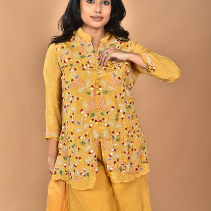 Morchari Women And Hand Embroidery Palazzo Set-Yellow