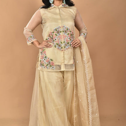 Morchari Women And Hand Embroidery Palazzo Set-Beige