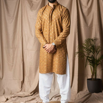 Occur Yellow Rayon Thread Embroidery Work Kurta Set - Mahotsav
