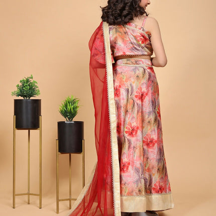 Divine Drape Girls Chinon Peach Printed Kids Lehenga Choli With Dupatta