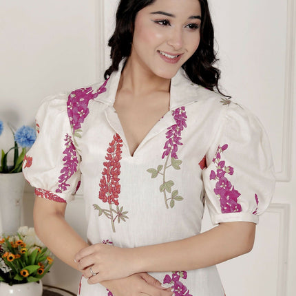 Miravan Womens Off White Flower Printed Cotton Flex Maxi Dress