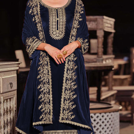 Lorenvalley Fashion Women Blue Velvet Embroidered Salwar Suit Material