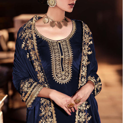 Lorenvalley Fashion Women Blue Velvet Embroidered Salwar Suit Material
