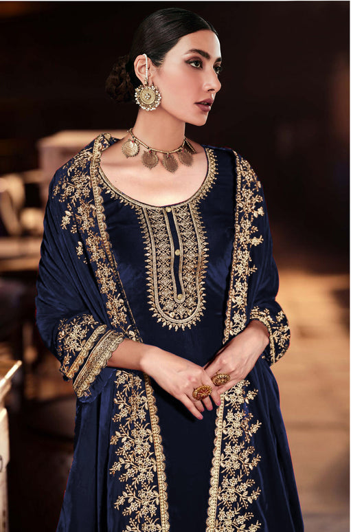 Lorenvalley Fashion Women Blue Velvet Embroidered Salwar Suit Material