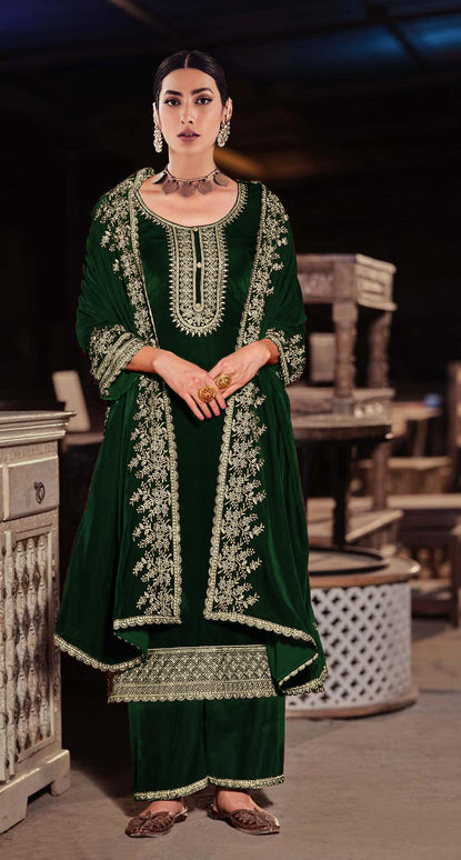 Lorenvalley Fashion Women Green Velvet Embroidered Salwar Suit Material
