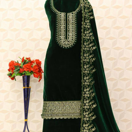 Lorenvalley Fashion Women Green Velvet Embroidered Salwar Suit Material