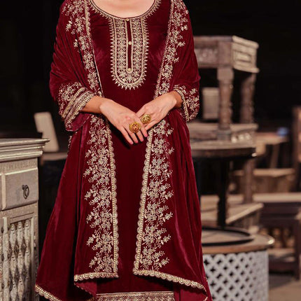 Lorenvalley Fashion Women Maroon Velvet Embroidered Salwar Suit Material