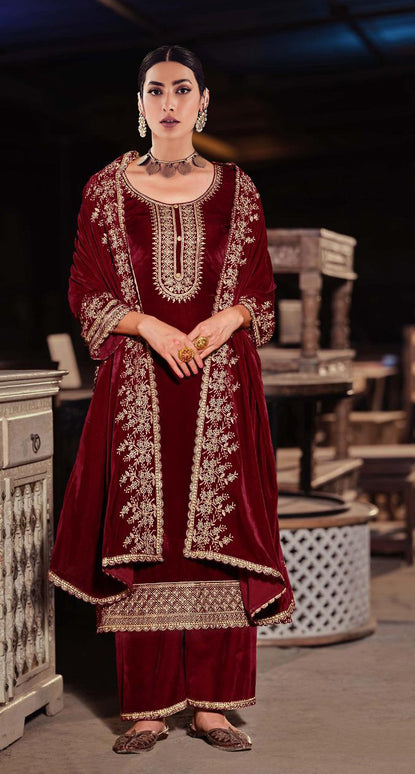 Lorenvalley Fashion Women Maroon Velvet Embroidered Salwar Suit Material