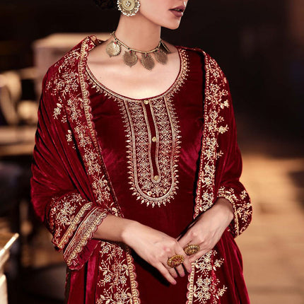 Lorenvalley Fashion Women Maroon Velvet Embroidered Salwar Suit Material