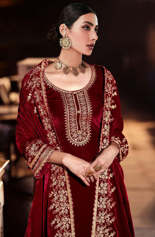 Lorenvalley Fashion Women Maroon Velvet Embroidered Salwar Suit Material