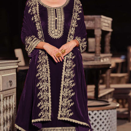 Lorenvalley Fashion Women Purple Velvet Embroidered Salwar Suit Material