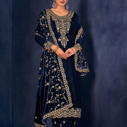 Lorenvalley Fashion Women Blue Velvet Embroidered Salwar Suit Material