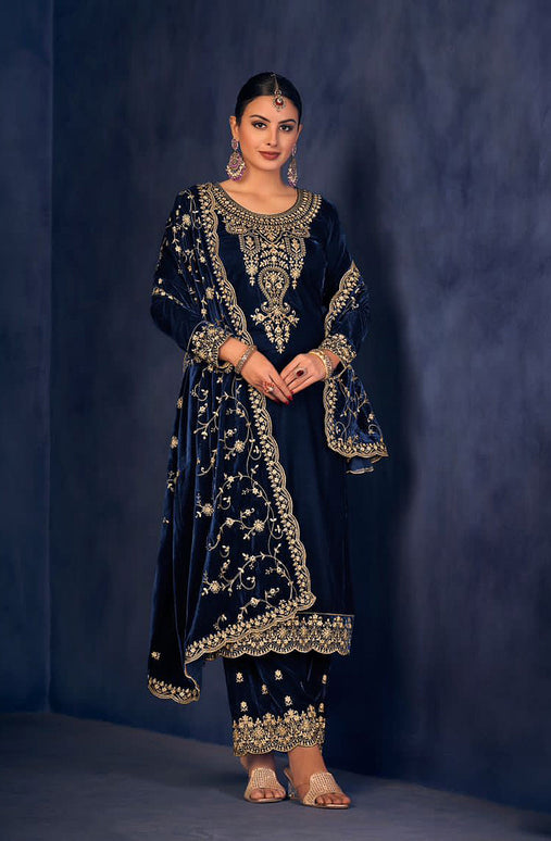 Lorenvalley Fashion Women Blue Velvet Embroidered Salwar Suit Material