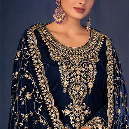 Lorenvalley Fashion Women Blue Velvet Embroidered Salwar Suit Material