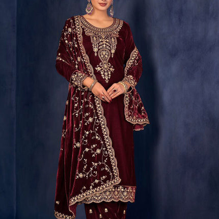 Lorenvalley Fashion Women Maroon Velvet Embroidered Salwar Suit Material