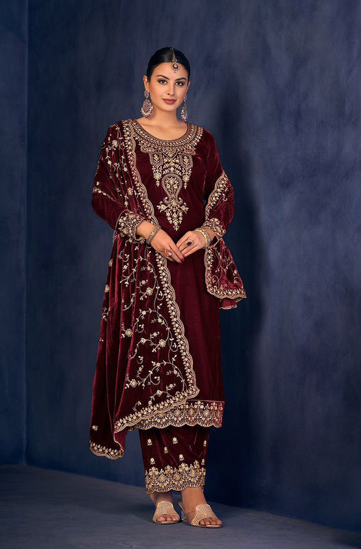 Lorenvalley Fashion Women Maroon Velvet Embroidered Salwar Suit Material