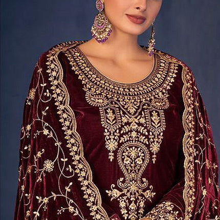 Lorenvalley Fashion Women Maroon Velvet Embroidered Salwar Suit Material