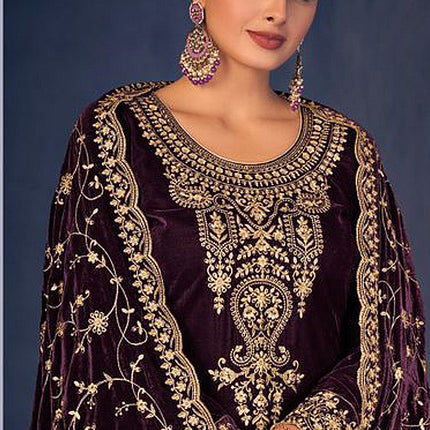 Lorenvalley Fashion Women Purple Velvet Embroidered Salwar Suit Material