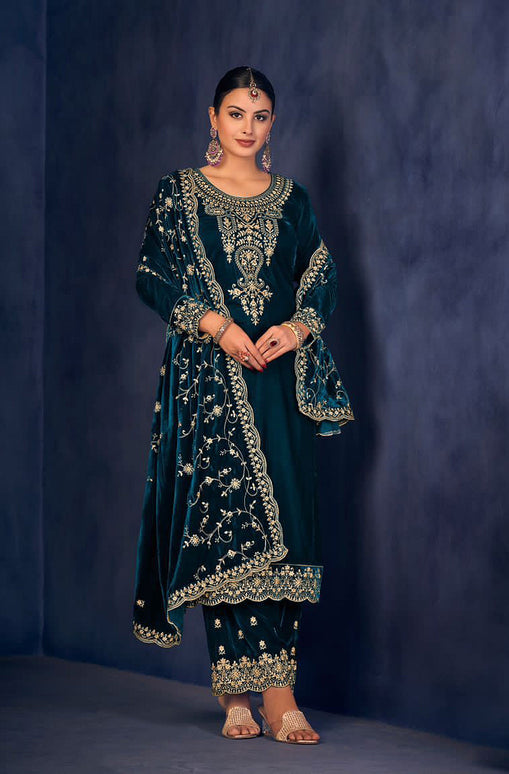 Lorenvalley Fashion Women Rama Velvet Embroidered Salwar Suit Material