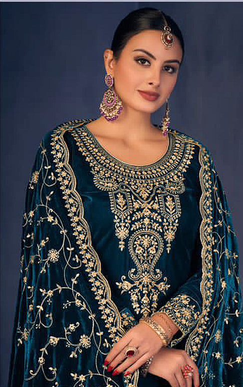 Lorenvalley Fashion Women Rama Velvet Embroidered Salwar Suit Material