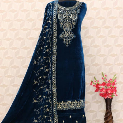 Lorenvalley Fashion Women Rama Velvet Embroidered Salwar Suit Material