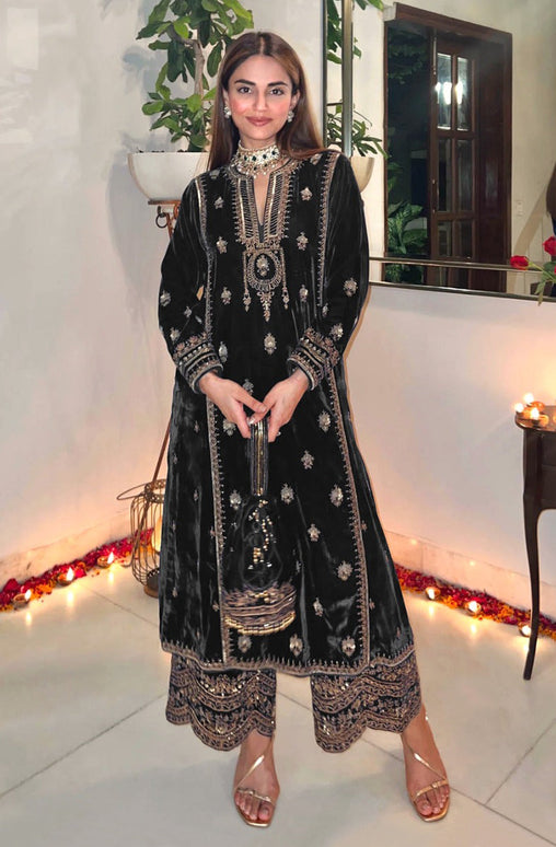 Lorenvalley Fashion Women Black Velvet Embroidered Salwar Suit Material