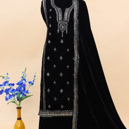 Lorenvalley Fashion Women Black Velvet Embroidered Salwar Suit Material