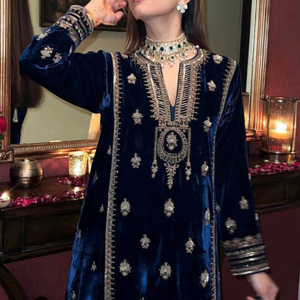 Lorenvalley Fashion Women Blue Velvet Embroidered Salwar Suit Material