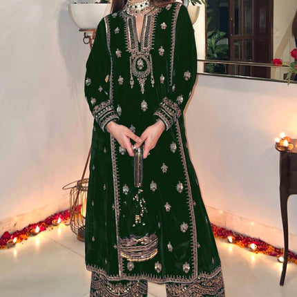 Lorenvalley Fashion Women Green Velvet Embroidered Salwar Suit Material