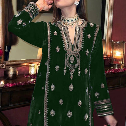 Lorenvalley Fashion Women Green Velvet Embroidered Salwar Suit Material