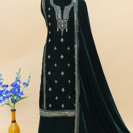 Lorenvalley Fashion Women Green Velvet Embroidered Salwar Suit Material