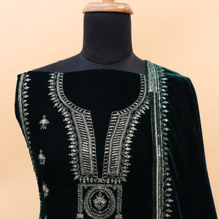 Lorenvalley Fashion Women Green Velvet Embroidered Salwar Suit Material
