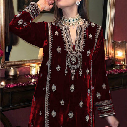 Lorenvalley Fashion Women Maroon Velvet Embroidered Salwar Suit Material