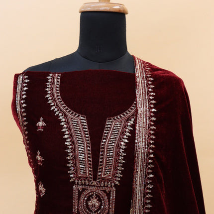 Lorenvalley Fashion Women Maroon Velvet Embroidered Salwar Suit Material