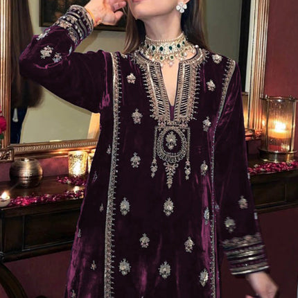 Lorenvalley Fashion Women Purple Velvet Embroidered Salwar Suit Material