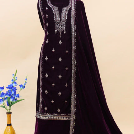 Lorenvalley Fashion Women Purple Velvet Embroidered Salwar Suit Material