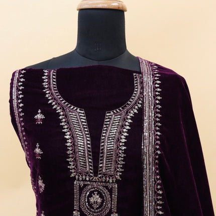 Lorenvalley Fashion Women Purple Velvet Embroidered Salwar Suit Material