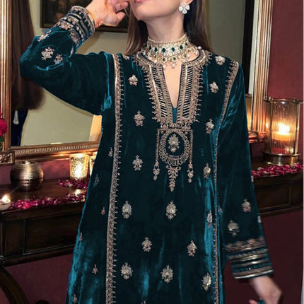 Lorenvalley Fashion Women Rama Velvet Embroidered Salwar Suit Material