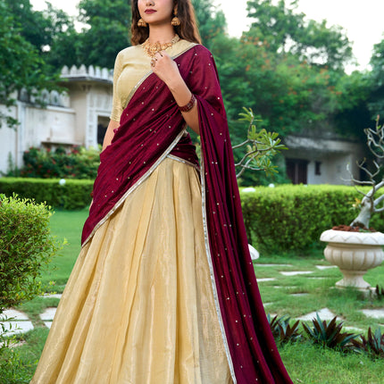 Lorenvalley Cream Kanchipuram Zari Weaving Work Lehenga Choli with Dupatta