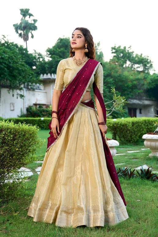 Lorenvalley Cream Kanchipuram Zari Weaving Work Lehenga Choli with Dupatta