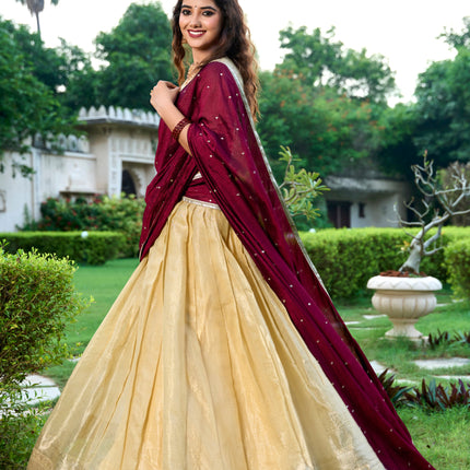 Lorenvalley Cream Kanchipuram Zari Weaving Work Lehenga Choli with Dupatta