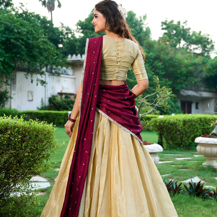 Lorenvalley Cream Kanchipuram Zari Weaving Work Lehenga Choli with Dupatta