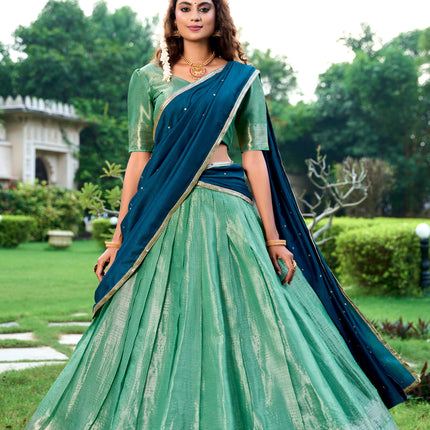 Lorenvalley Pista Kanchipuram Zari Weaving Work Lehenga Choli with Dupatta