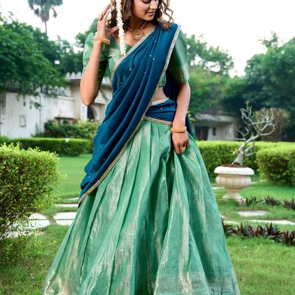 Lorenvalley Pista Kanchipuram Zari Weaving Work Lehenga Choli with Dupatta